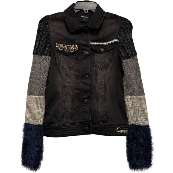 Desigual Exotic Black Denim Knit Sleeve Fur Cuff Embellished Jacket - Picture 4 of 9